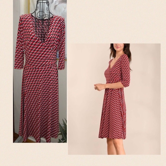 LBISSE RED,WHITE & BLUE SILKY KNIT FIT & FLARE DRESS~GEOMETRIC PRINT~MEDIUM - Picture 6 of 6